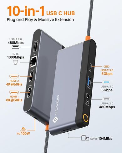 محطة إرساء Novoo USB C محول HDMI مزدوج، 10 في 1 متعدد الشاشات 8K مع 2 HDMI وVGA و100W PD و3 USB وبطاقة TF USB-C 3.0 Hub متعدد المنافذ متوافق مع أجهزة الكمبيوتر المحمولة MacBook/Dell/HP/Lenovo Surface in Kuwait