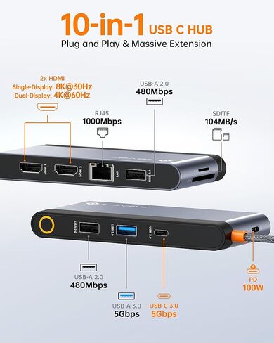 محطة إرساء Novoo USB C محول HDMI مزدوج، 10 في 1 متعدد الشاشات 8K مع 2 HDMI وVGA و100W PD و3 USB وبطاقة TF USB-C 3.0 Hub متعدد المنافذ متوافق مع أجهزة الكمبيوتر المحمولة MacBook/Dell/HP/Lenovo Surface in Kuwait