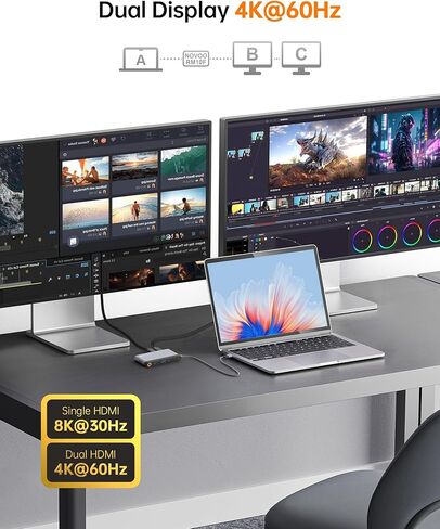 محطة إرساء Novoo USB C محول HDMI مزدوج، 10 في 1 متعدد الشاشات 8K مع 2 HDMI وVGA و100W PD و3 USB وبطاقة TF USB-C 3.0 Hub متعدد المنافذ متوافق مع أجهزة الكمبيوتر المحمولة MacBook/Dell/HP/Lenovo Surface in Kuwait