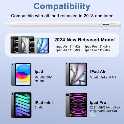 قلم ستايلس لقلم Ipad الجيل 9/10، شحن سريع، حساسية للإمالة، حبل مضاد للضياع، قلم Apple Ipad لجهاز iPad 10/9/8/7/6th، iPad Air 3rd/4th/5th، iPad mini 5/6th iPad Pro 11 بوصة/12.9 بوصة M4 in Kuwait
