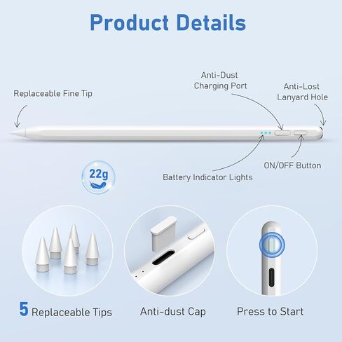قلم ستايلس لقلم Ipad الجيل 9/10، شحن سريع، حساسية للإمالة، حبل مضاد للضياع، قلم Apple Ipad لجهاز iPad 10/9/8/7/6th، iPad Air 3rd/4th/5th، iPad mini 5/6th iPad Pro 11 بوصة/12.9 بوصة M4 in Kuwait