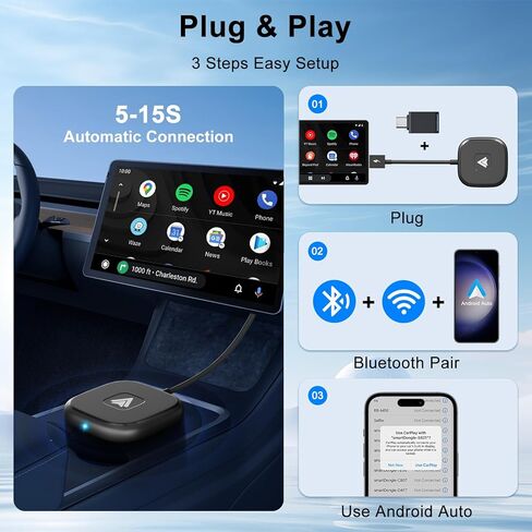 محول Android Auto اللاسلكي لسيارات Android Auto السلكية يتحول من سلك إلى لاسلكي - سهولة الإعداد والتوصيل والتشغيل، اتصال سلس مستقر وسريع in Kuwait