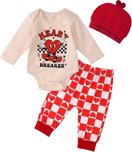 Baby Boy Valentine's Day Outfit Long Sleeve Romper Heart Letter Pants with Hat Boys Outfits Set in Kuwait