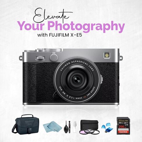 FUJIFILM X-E5 Mirrorless Camera with XF 23mm f/2.8 R WR Lens, 256GB SanDisk Extreme PRO SD Card, Camera Bag, Card Reader & BluebirdSales Cleaning Kit (Silver) in Saudi Arabia