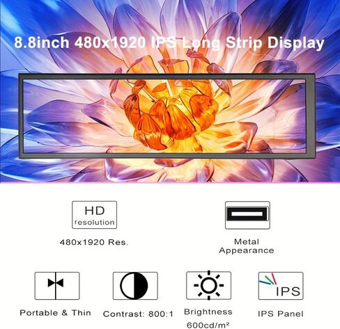 شاشة عرض شريطية تعمل باللمس مقاس 8.8 بوصة، بدقة 1920 × 480 بكسل، وشاشة لمس محمولة تعمل باللمس بهيكل معدني IPS مع منفذ USB-C. متوافق مع Raspberry Pi، وشاشة الكمبيوتر المحمول Aida64، وإحصائيات وحدة معالجة الرسومات/وحدة المعالجة المركزية، وشاشة صغيرة لحافظة  in Kuwait