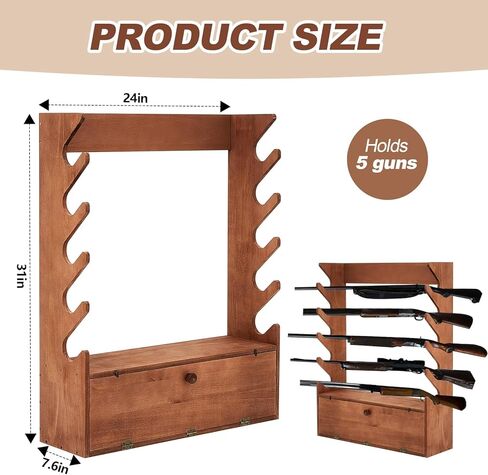 Walnut Color Gun Display Rack Pine Wood Firearm Display Rack Indoor Gun Cabinet Gun Shelf Rifle Display Case with Storage Compartment for Gun Accessories in Saudi Arabia