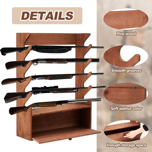 Walnut Color Gun Display Rack Pine Wood Firearm Display Rack Indoor Gun Cabinet Gun Shelf Rifle Display Case with Storage Compartment for Gun Accessories in Saudi Arabia
