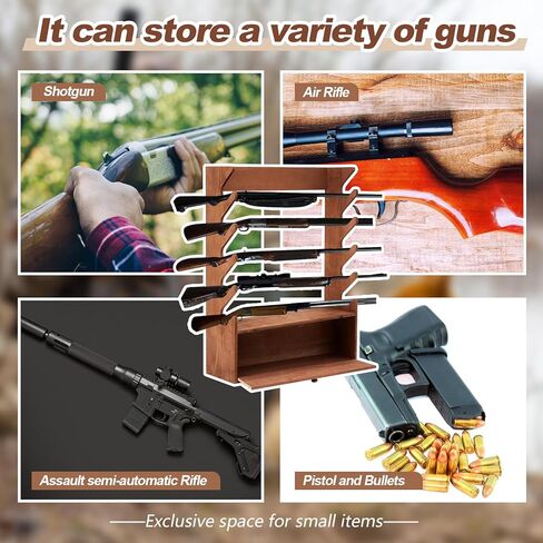 Walnut Color Gun Display Rack Pine Wood Firearm Display Rack Indoor Gun Cabinet Gun Shelf Rifle Display Case with Storage Compartment for Gun Accessories in Saudi Arabia