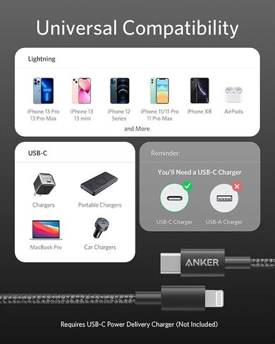 كابل شحن سريع من Anker iPhone - سلك USB-C من النايلون بطول 6 أقدام إلى سلك Lightning وكابل ANKER Powerline II Lightning، [معتمد من MFi بطول 6 أقدام] سلك USB للشحن/المزامنة وشاحن محمول Anker iPhone 15، Nano Pow in Kuwait