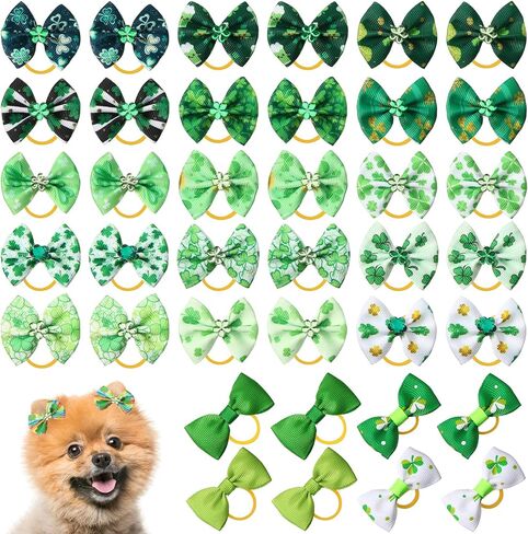 40 Pieces 4th of July Patriotic Independence Day Dog Hair Bows Puppy Dog Hair Accessories Pet Hair Flag Clover Bows with Elastic Rubber Band for Independence Day St. Patrick's Day (Mixed Style) in Saudi Arabia