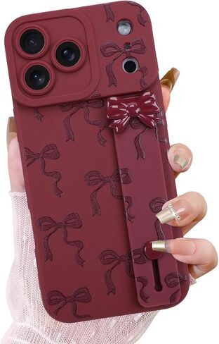 OOK Case for iPhone 17 Pro Max Case with Screen Protector, Cute Bow Design with Adjustable Wristband Strap Kickstand Slim Soft TPU Rubber for Women Girls Phone Cover-Wine Red in Saudi Arabia