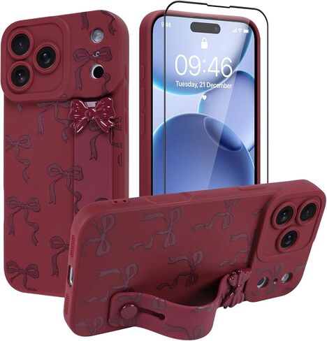 OOK Case for iPhone 17 Pro Max Case with Screen Protector, Cute Bow Design with Adjustable Wristband Strap Kickstand Slim Soft TPU Rubber for Women Girls Phone Cover-Wine Red in Saudi Arabia