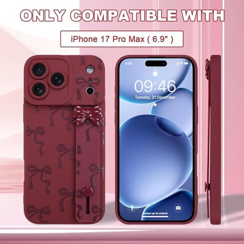 OOK Case for iPhone 17 Pro Max Case with Screen Protector, Cute Bow Design with Adjustable Wristband Strap Kickstand Slim Soft TPU Rubber for Women Girls Phone Cover-Wine Red in Saudi Arabia