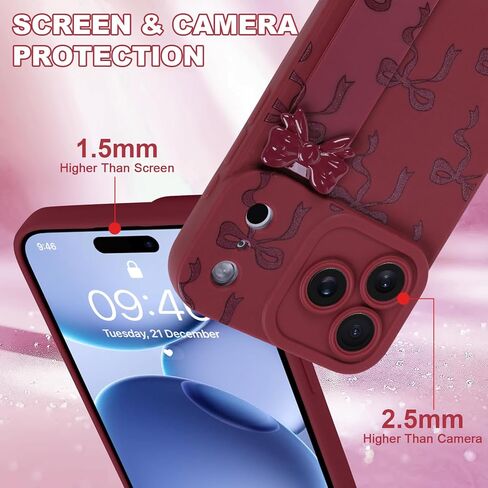 OOK Case for iPhone 17 Pro Max Case with Screen Protector, Cute Bow Design with Adjustable Wristband Strap Kickstand Slim Soft TPU Rubber for Women Girls Phone Cover-Wine Red in Saudi Arabia