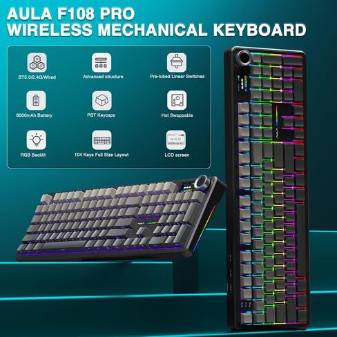 Aula F108 PRO - Wireless Mechanical Keyboard with Screen & Knob,Full Size Keyboard with 8000mAh Battery,Side Printed PBT Keycaps,RGB Backlit Hot Swappable Custom Gaming Keyboards (Renewed) in Saudi Arabia