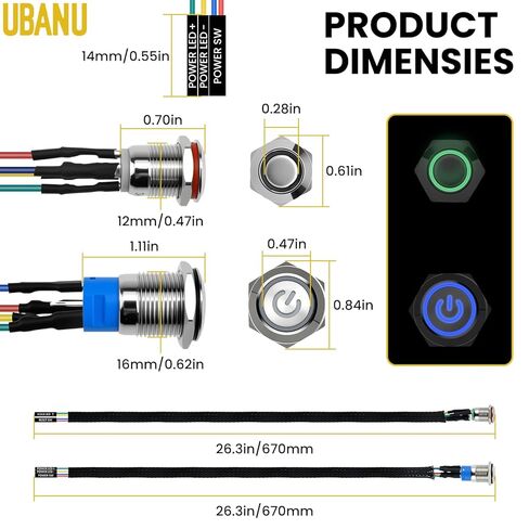 2 قطعة مفتاح الهيكل - زر معدني | إعادة ضبط التمهيد مقاس 12 مم وكابل تبديل المضيف مقاس 16 مم | مع كابل تمديد 60 سم، تشغيل/إيقاف تشغيل ATX | لبناء الكمبيوتر DIY in Kuwait