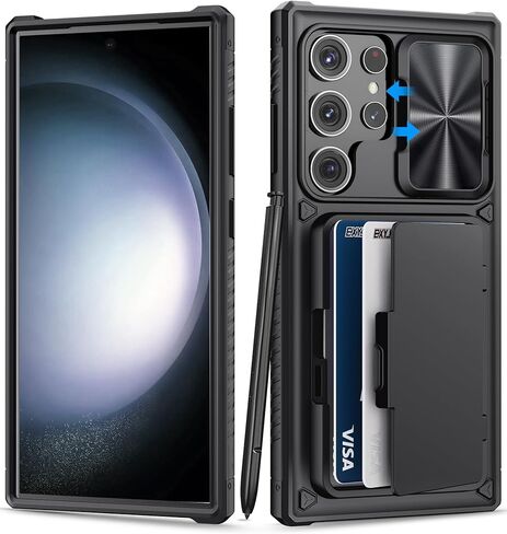 حافظة لهاتف سامسونج جالاكسي S23 الترا مع حامل بطاقات ومسند وواقي كاميرا منزلق، حافظة هاتف من السيليكون المقاوم للصدمات من الدرجة العسكرية لهاتف جالاكسي S23 الترا 5 جي 2023، اسود in Kuwait