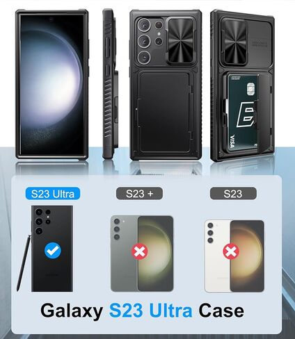 حافظة لهاتف سامسونج جالاكسي S23 الترا مع حامل بطاقات ومسند وواقي كاميرا منزلق، حافظة هاتف من السيليكون المقاوم للصدمات من الدرجة العسكرية لهاتف جالاكسي S23 الترا 5 جي 2023، اسود in Kuwait