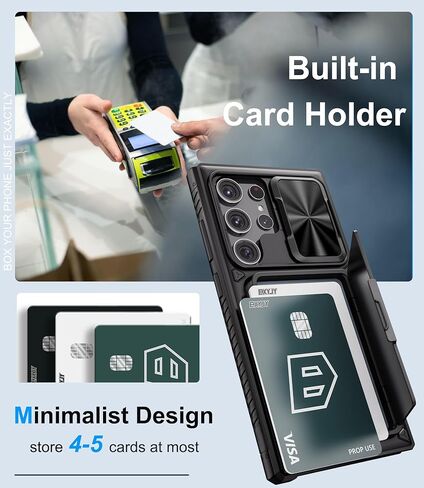 حافظة لهاتف سامسونج جالاكسي S23 الترا مع حامل بطاقات ومسند وواقي كاميرا منزلق، حافظة هاتف من السيليكون المقاوم للصدمات من الدرجة العسكرية لهاتف جالاكسي S23 الترا 5 جي 2023، اسود in Kuwait