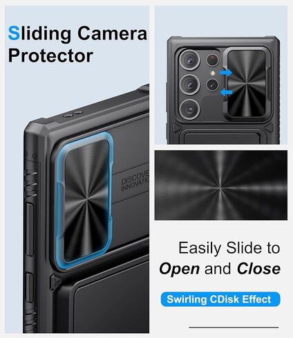 حافظة لهاتف سامسونج جالاكسي S23 الترا مع حامل بطاقات ومسند وواقي كاميرا منزلق، حافظة هاتف من السيليكون المقاوم للصدمات من الدرجة العسكرية لهاتف جالاكسي S23 الترا 5 جي 2023، اسود in Kuwait