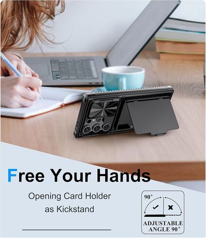 حافظة لهاتف سامسونج جالاكسي S23 الترا مع حامل بطاقات ومسند وواقي كاميرا منزلق، حافظة هاتف من السيليكون المقاوم للصدمات من الدرجة العسكرية لهاتف جالاكسي S23 الترا 5 جي 2023، اسود in Kuwait