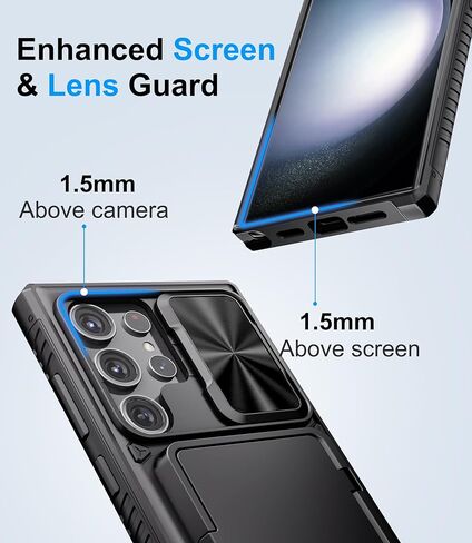 حافظة لهاتف سامسونج جالاكسي S23 الترا مع حامل بطاقات ومسند وواقي كاميرا منزلق، حافظة هاتف من السيليكون المقاوم للصدمات من الدرجة العسكرية لهاتف جالاكسي S23 الترا 5 جي 2023، اسود in Kuwait