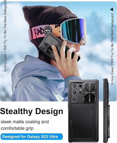 حافظة لهاتف سامسونج جالاكسي S23 الترا مع حامل بطاقات ومسند وواقي كاميرا منزلق، حافظة هاتف من السيليكون المقاوم للصدمات من الدرجة العسكرية لهاتف جالاكسي S23 الترا 5 جي 2023، اسود in Kuwait