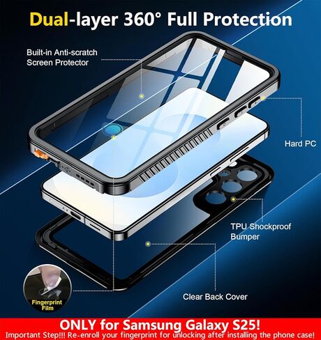 SPIDERCASE Only Designed for Samsung Galaxy S25 Case Waterproof,Built-in [ Screen + Camera Lens Protector][IP68 Underwater] Full Protection Heavy Duty Shockproof Anti-Scratched Phone Case,Black in Kuwait