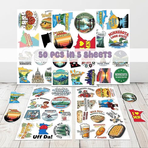 50 Pcs Minnesota Stickers US State Vinyl Decal Waterproof Travel Sticker Laptop Water Bottle Luggage Scrapbooking Journal Tablet Phone Cup Skateboard Bike Helmet Gifts for Teens Adults in Saudi Arabia