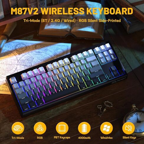 M87V2 87 Keys Membrane Gaming Wireless Keyboard,80% TKL Layout Side Printed Keys Retro Cute Creamy,RGB Backlit 4000mAh 2.4G/BT/Wired Computer Silent Keyboard for MAC PC-Gradient Black in Saudi Arabia