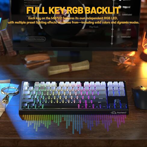 M87V2 87 Keys Membrane Gaming Wireless Keyboard,80% TKL Layout Side Printed Keys Retro Cute Creamy,RGB Backlit 4000mAh 2.4G/BT/Wired Computer Silent Keyboard for MAC PC-Gradient Black in Saudi Arabia
