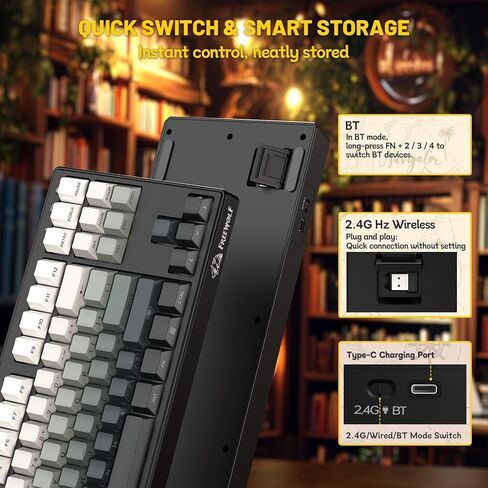 M87V2 87 Keys Membrane Gaming Wireless Keyboard,80% TKL Layout Side Printed Keys Retro Cute Creamy,RGB Backlit 4000mAh 2.4G/BT/Wired Computer Silent Keyboard for MAC PC-Gradient Black in Saudi Arabia