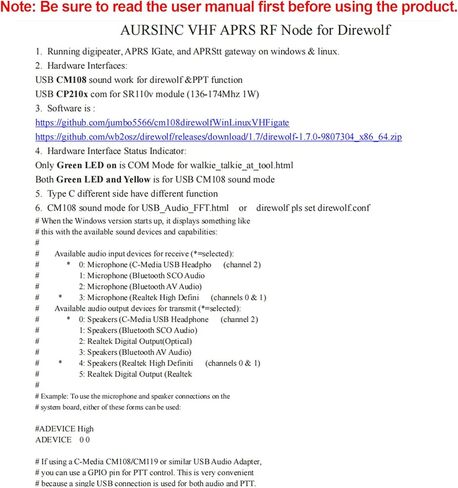 AURSINC VHF APRS RF Node for Direwolf, USB CM108 Sound Work for Direwolf & PPT Function, USB CP210x Com for SR110v Module (136-174Mhz 1W), Compatible for RPi 2/3/4/5 in Kuwait