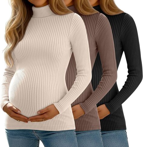 3 Pack Women's Maternity Shirts Ribbed Turtleneck Long Sleeve Slim Fit Pregnancy Tops Fall Casual Pregnant Sweater in Saudi Arabia