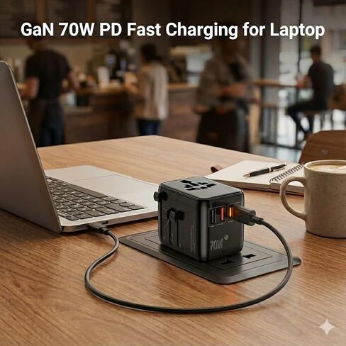 GaN 70W International Travel Adapter for US/JP, EU, UK, AU, 6-in-1 Universal Power Hub with 2 USB-C (PD 70W), 2 USB-A, and Extra US AC Outlet, Fast Charging Worldwide Plug, 2 Anti Theft Zipper Clips in Saudi Arabia