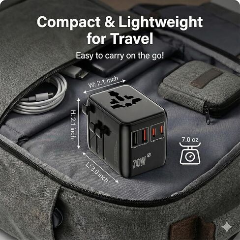 GaN 70W International Travel Adapter for US/JP, EU, UK, AU, 6-in-1 Universal Power Hub with 2 USB-C (PD 70W), 2 USB-A, and Extra US AC Outlet, Fast Charging Worldwide Plug, 2 Anti Theft Zipper Clips in Saudi Arabia