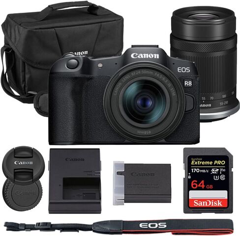 Canon EOS R8 Mirrorless Camera with 24-50mm & 55-210mm Lens Bundle with Canon 200ES EOS Shoulder Bag + 64GB Extreme PRO Memory Card in Saudi Arabia