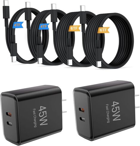 حزمة شاحن USB-C بقدرة 45 وات (مجموعة مكونة من قطعتين)، شاحن سريع ثنائي المنفذ مع كابلات USB-C إلى USB-C بطول 4 أقدام و6 أقدام، متوافقة مع Samsung Galaxy S25 Ultra/S24+/S23 وiPhone 17/16/15 in Kuwait
