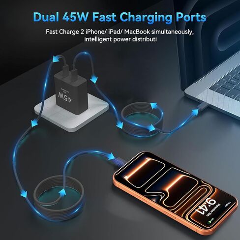 حزمة شاحن USB-C بقدرة 45 وات (مجموعة مكونة من قطعتين)، شاحن سريع ثنائي المنفذ مع كابلات USB-C إلى USB-C بطول 4 أقدام و6 أقدام، متوافقة مع Samsung Galaxy S25 Ultra/S24+/S23 وiPhone 17/16/15 in Kuwait