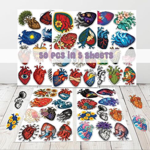 50 Pcs Anatomical Heart Stickers Human Organs Vinyl Decal Anatomy Artistic Sticker Laptop Water Bottle Notebook Journal Tablet Phone Helmet Bike Cabinet Locker Gifts for Nurses Students in Saudi Arabia