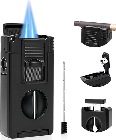 ولاعة شعلة بوتان نفاث مزدوجة 5 في 1 مدمجة على شكل حرف V، لكمة، حامل، أداة تحسين الرسم، هدية ولاعة بوتان قابلة لإعادة الملء مقاومة للرياح للرجال، ولاعات رائعة للشموع، في الهواء الطلق (بدون غاز) in Kuwait