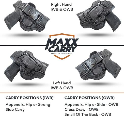 حافظة مسدس جلدية فاخرة Maxx Carry Multi-Carry 4-Way OWB & IWB تناسب Sig P365 Nitron Micro Compact 9mm، P365 SAS، P938 | Kimber Micro 9 & Solo 9 الجانب القوي، السحب المتقاطع والحمل الخلفي الصغير in Kuwait