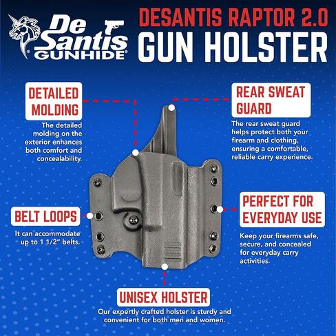 حافظة DeSantis Raptor 2.0 Owb - حافظة مدمجة خفيفة الوزن، متوافقة مع Springfield Armory Sa Hellcat وHellcat OSP - رسم باليد اليمنى، أسود in Kuwait