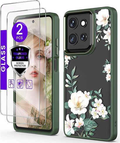 جراب لهاتف Motorola Moto G 5G 2025/2026 + واقي شاشة، واقي من الدرجة العسكرية مصنوع من مادة TPU الناعمة + الكمبيوتر الصلب، غطاء حماية بنمط زهرة شفافة للفتيات والنساء لهاتف Moto G Play 5G 2026 (أرجواني) in Kuwait