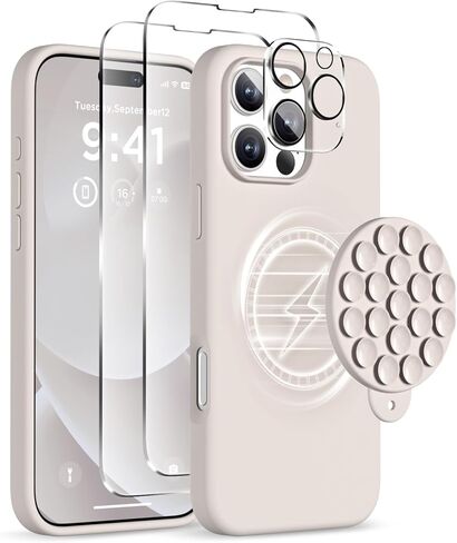 Magnetic for iPhone 16 Pro Case, Compatible with Magsafe, Suction Cup Phone Mount, 2 Screen Protectors - Camera Protector, Silicone Shockproof Protective Phone Cover 6.3", Stone in Saudi Arabia