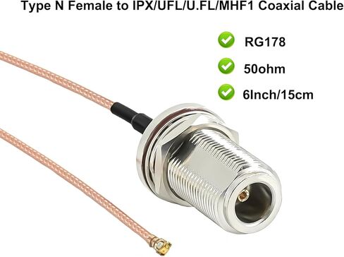 2PCS RG178 N Type U.FL IPX Coaxial Cable, Type-N Female to IPX MHF1 Pigtail Cable, 6Inch(15cm) Low Loss UFL IPX-1 to N Female Extension Jumper Cable for Wi-Fi Radios, Antenna,Wireless Routers in Saudi Arabia