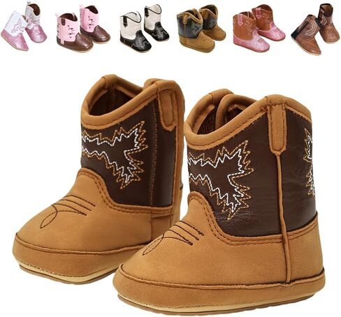 Toddler Cowboy Boots for Boys & Girls Embroidery Western Baby Cowgirl Boots Infant Sequin Leather Baby Cowboy Boots Round Toe Ankle High Hook and Loop Shoes Slip-resistant Sole infant First Walker Newborn Soft Sole Flat Shoes in Saudi Arabia