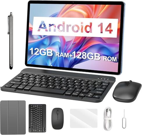 2025 Android 14 Tablet 10 بوصة، 12 جيجابايت ذاكرة الوصول العشوائي + 128 جيجابايت ROM 1 تيرابايت قابلة للتوسيع، تابلت 2 في 1 مع حافظة لوحة مفاتيح، ماوس وقلم، ثماني النواة، واي فاي، بطارية 6000 مللي أمبير، شاشة IPS HD 1280 × 800 (أسود) in Kuwait