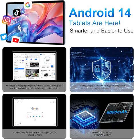 2025 Android 14 Tablet 10 بوصة، 12 جيجابايت ذاكرة الوصول العشوائي + 128 جيجابايت ROM 1 تيرابايت قابلة للتوسيع، تابلت 2 في 1 مع حافظة لوحة مفاتيح، ماوس وقلم، ثماني النواة، واي فاي، بطارية 6000 مللي أمبير، شاشة IPS HD 1280 × 800 (أسود) in Kuwait