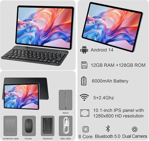 2025 Android 14 Tablet 10 بوصة، 12 جيجابايت ذاكرة الوصول العشوائي + 128 جيجابايت ROM 1 تيرابايت قابلة للتوسيع، تابلت 2 في 1 مع حافظة لوحة مفاتيح، ماوس وقلم، ثماني النواة، واي فاي، بطارية 6000 مللي أمبير، شاشة IPS HD 1280 × 800 (أسود) in Kuwait
